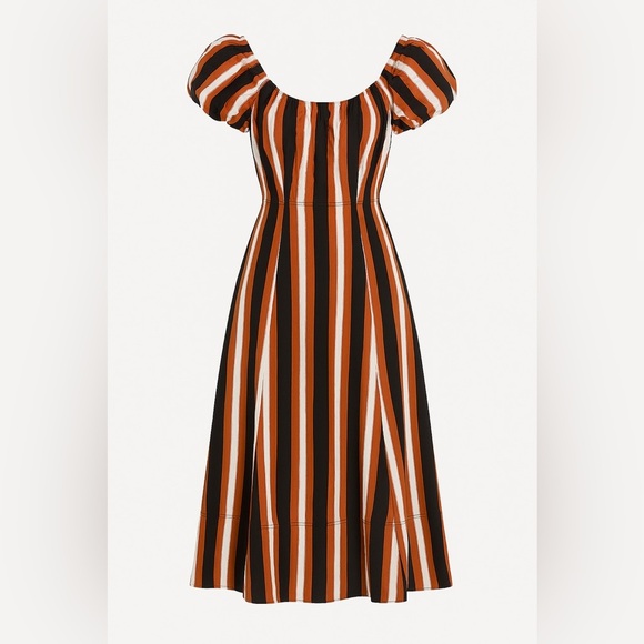 Tanya Taylor puff shoulder midi dress belted brown black white vertical stripes - Picture 1 of 4
